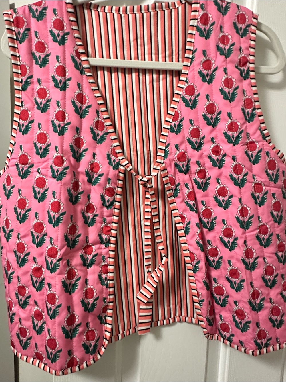 Pink Floral Quilted Vest with Striped Lining